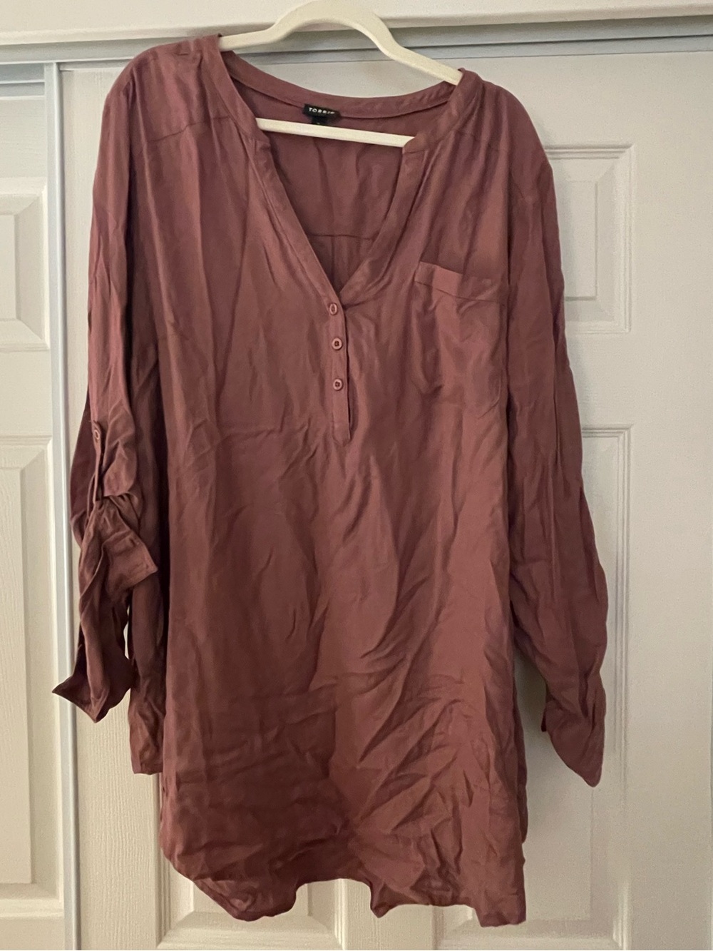 Torrid Wine Button-Front V-Neck Tunic Top with Roll-Up Tab Sleeves